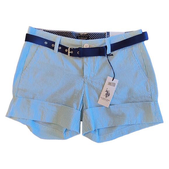 US Polo Assn Women's Shorts Size 6 Blue White Striped Seersucker Belted Cuffed - Picture 8 of 16